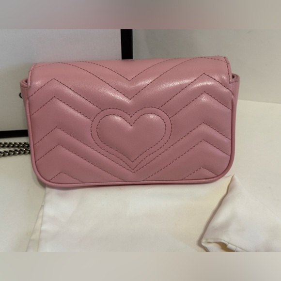 Gucci GG Marmont Super Mini Leather Crossbody In Pink/ Silver - Picture 2 of 16